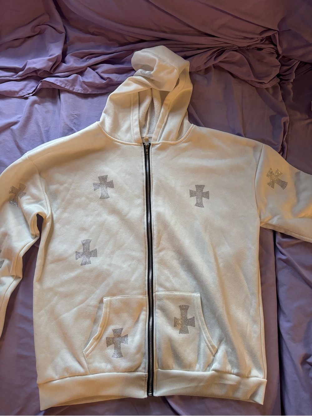 White Rhinestone Cross Y2K Zip Up